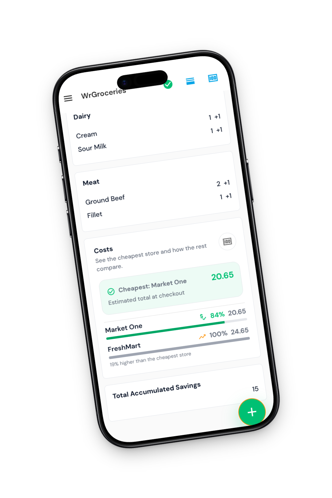 WrGroceries app showing cheapest store comparison